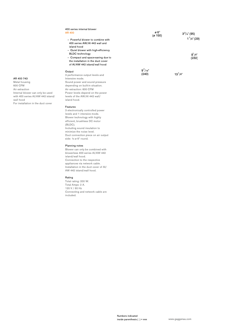 Page n°1 - Fiche technique Gaggenau AR400743