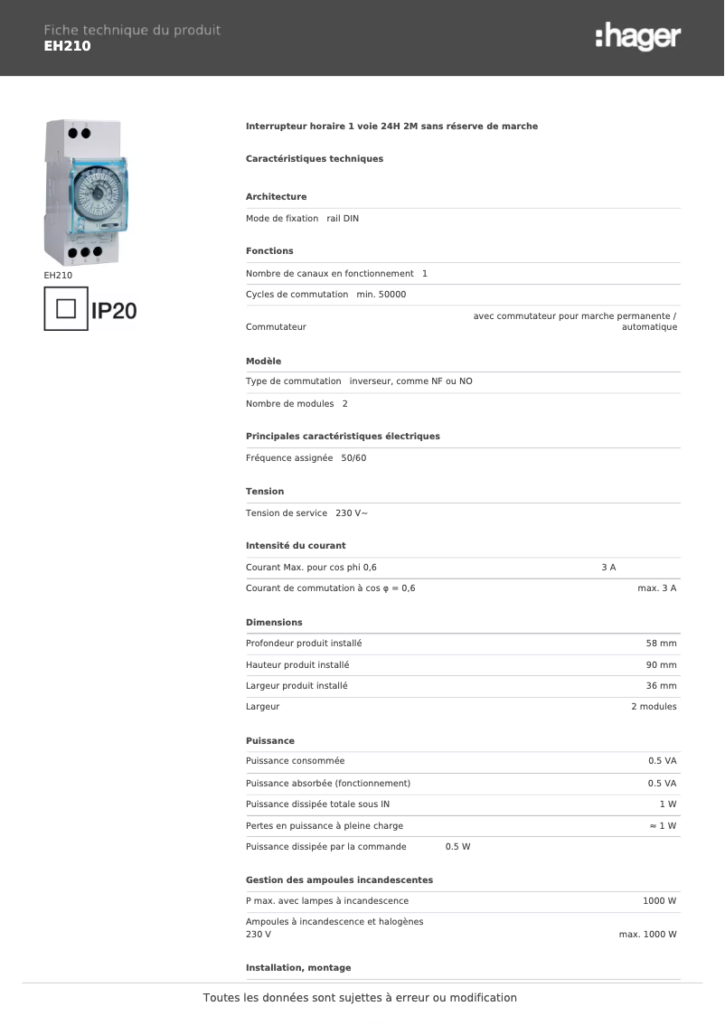 Page n°1 - Fiche technique Hager EH210