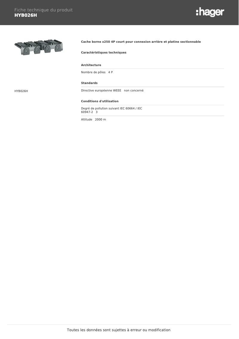 Page n°1 - Fiche technique Hager HYB026H