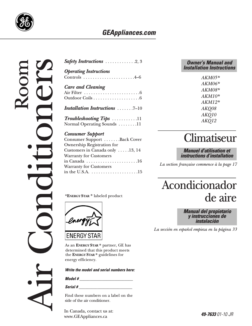 Page n°1 - Guide d'installation GE AKQ10AN