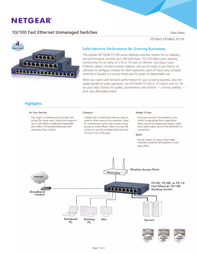 Page 1 de la notice Fiche technique Netgear FS108v3
