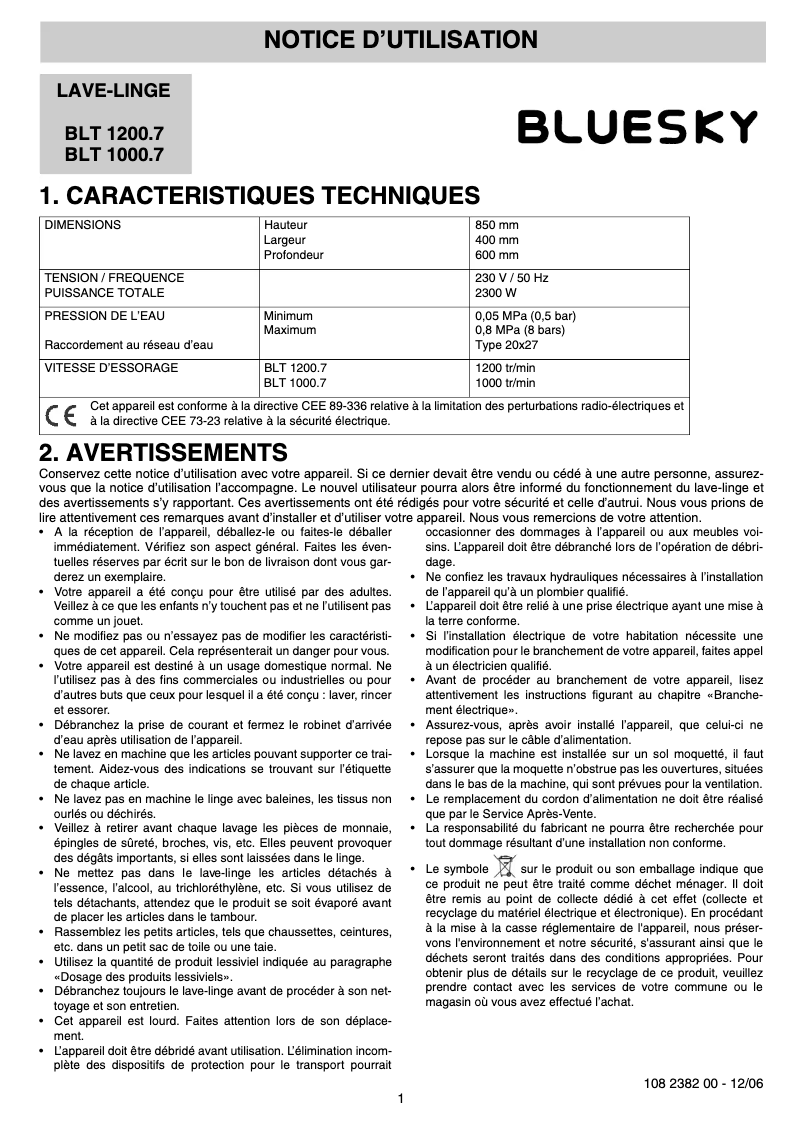 Page n°1 - Manuel utilisateur Bluesky BLT 1200.7