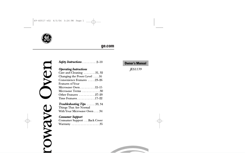 Page n°1 - Manuel utilisateur GE JES1139WL