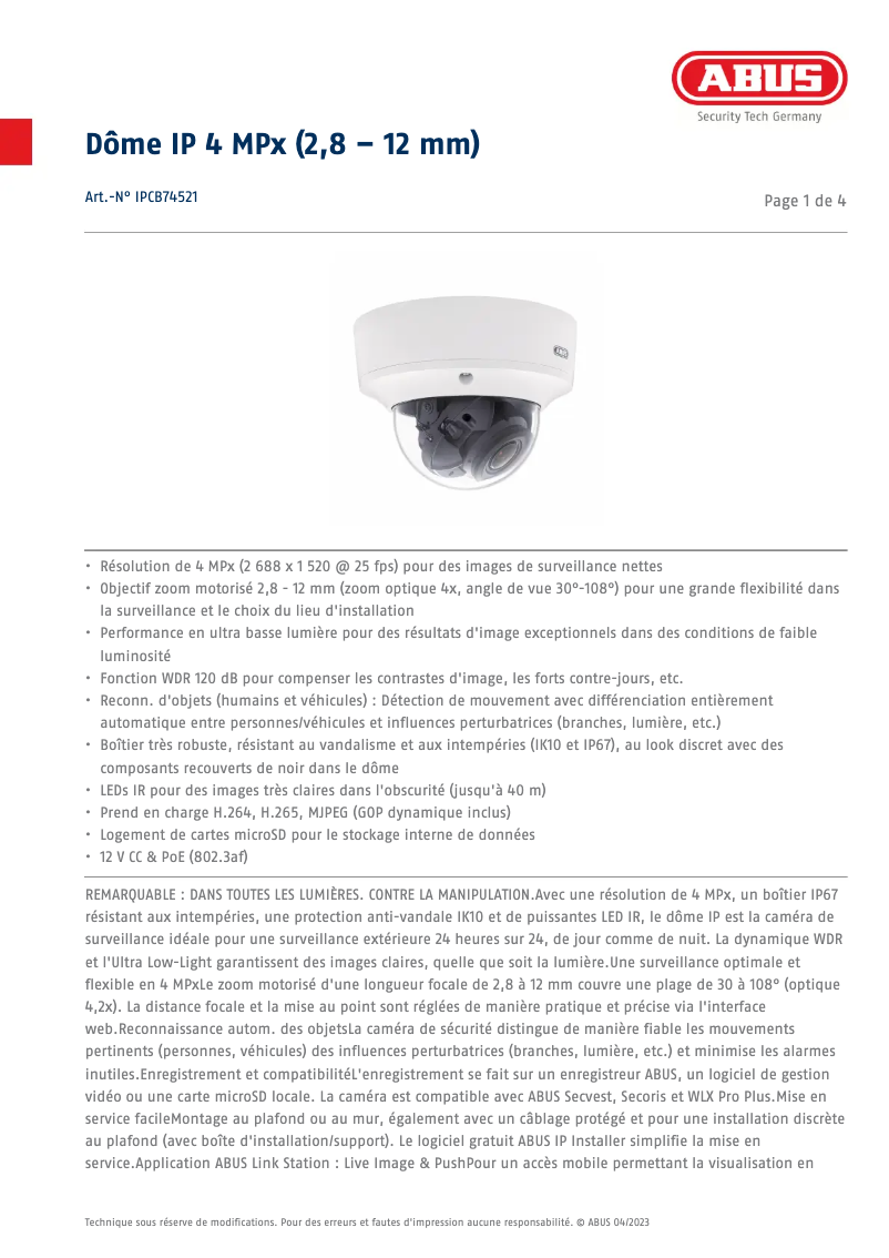 Page n°1 - Fiche technique Abus IPCB74521