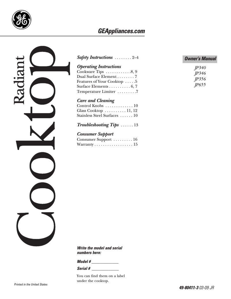 Page n°1 - Manuel d'utilisation et d'entretien GE JP655TMWW