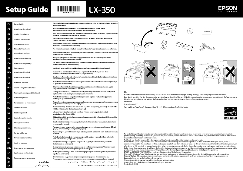 Page 1 de la notice Guide d'installation Epson LX-350
