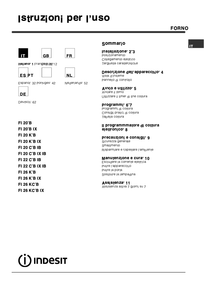 Page 1 de la notice Manuel utilisateur Indesit FI 20.B