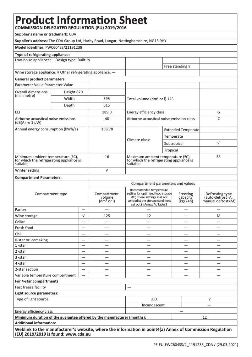 Page n°1 - Fiche technique CDA FWC604BL
