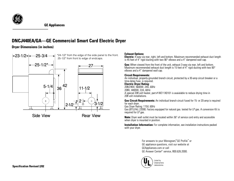 Page n°1 - Fiche technique GE DNCJ440GAWC