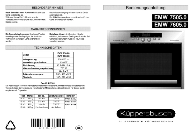 Page n°1 - Manuel utilisateur Küppersbusch EMW 7605.0 M