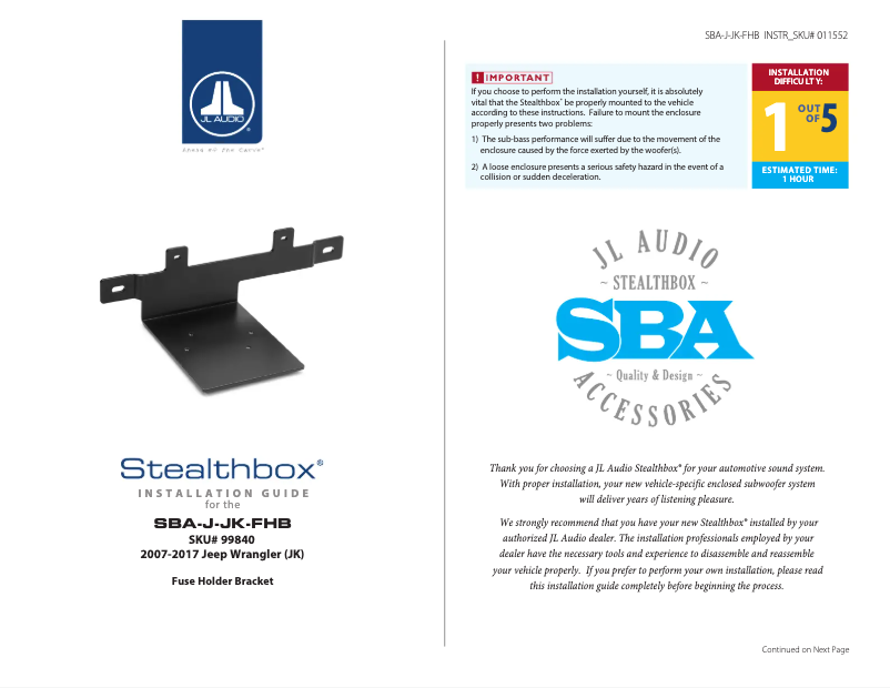 Page 1 de la notice Manuel utilisateur JL Audio Stealthbox SBA-J-JK-FHB