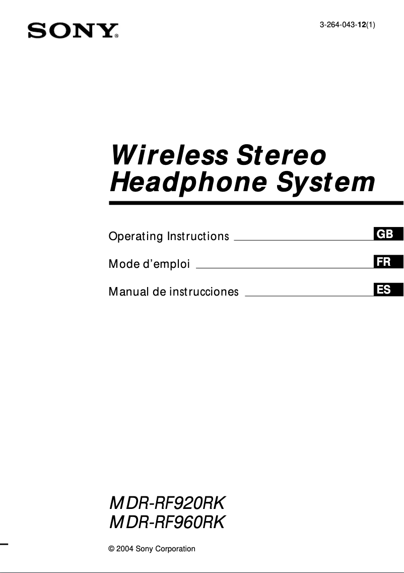 Page n°1 - Manuel utilisateur Sony MDR-RF960RK