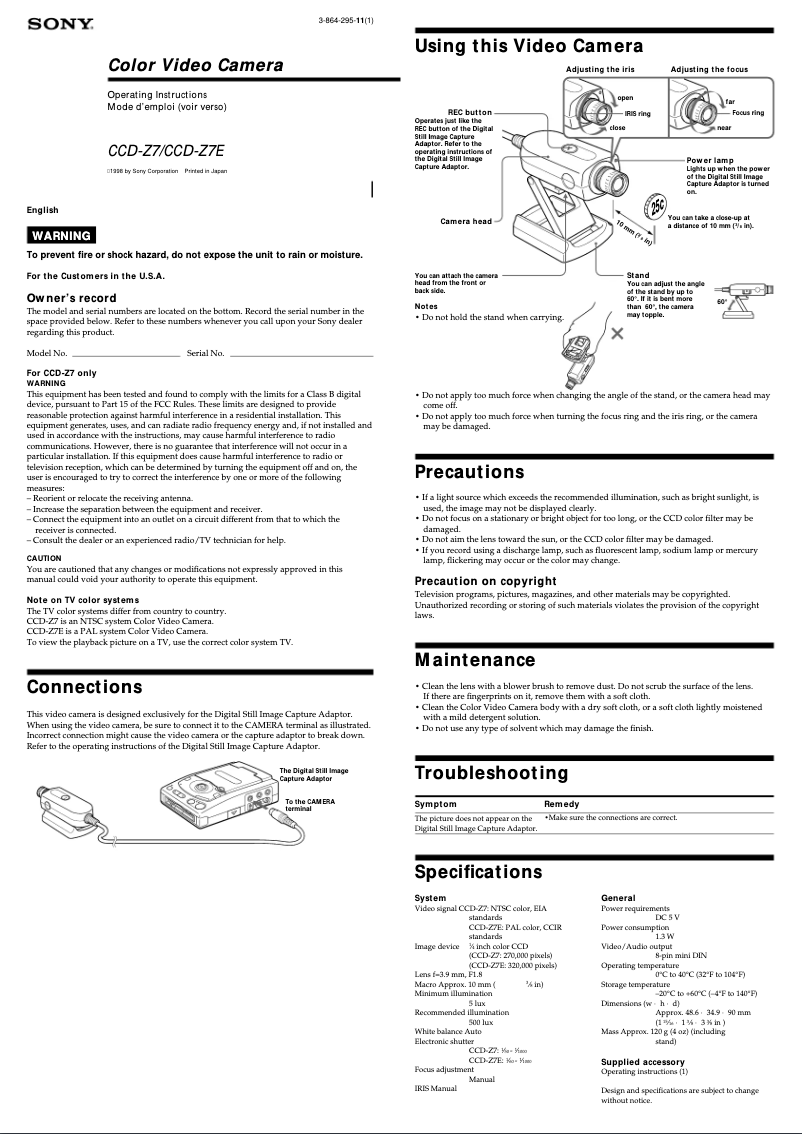 Page 1 de la notice Manuel utilisateur Sony CCD-Z7