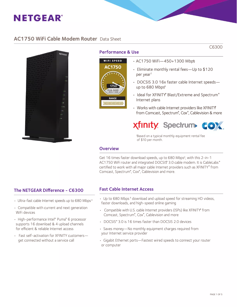 Page 1 de la notice Fiche technique Netgear C6300