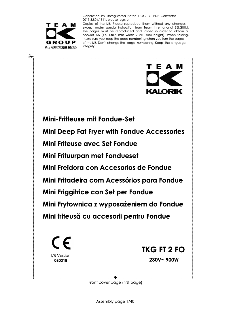 Image de la première page du manuel de l'appareil TKG FT 2 FO