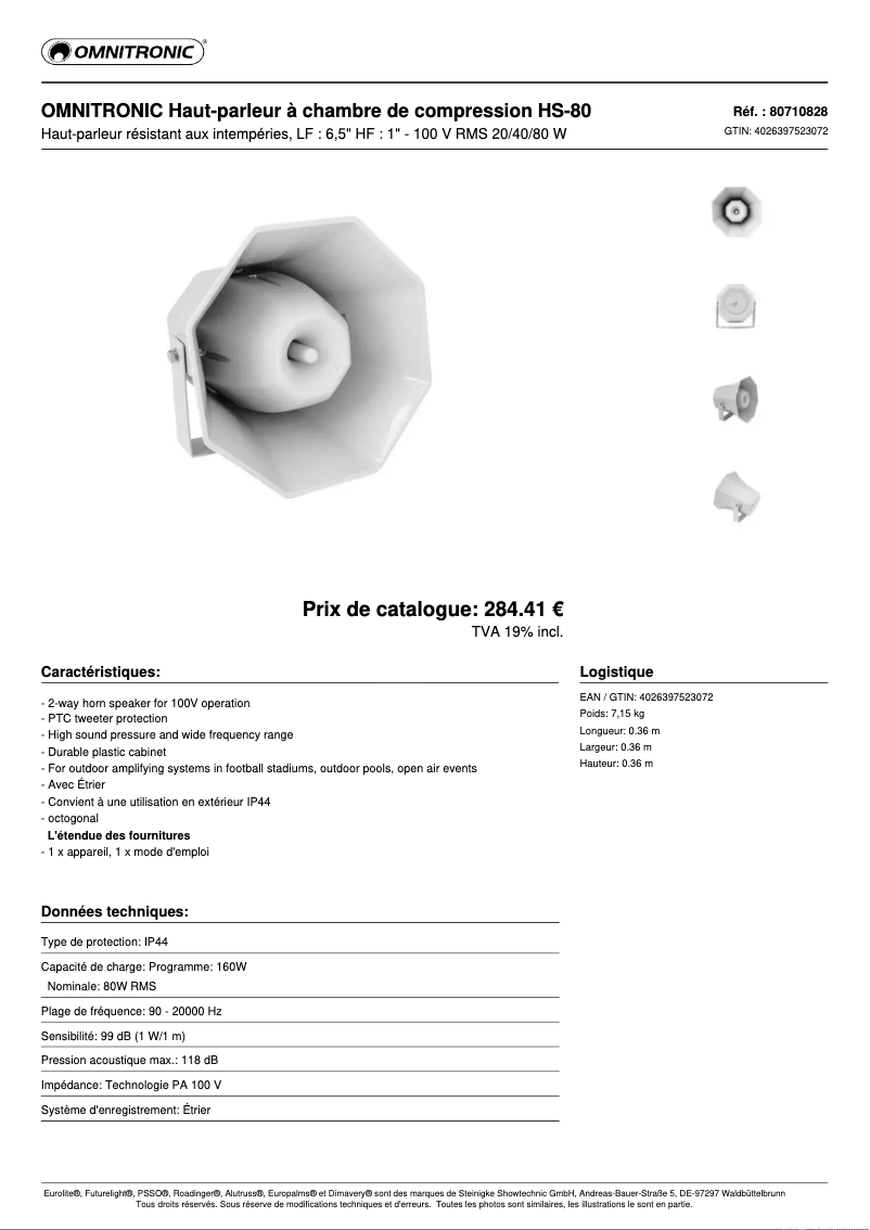 Page 1 of the manual Technical Sheet Omnitronic HS-80