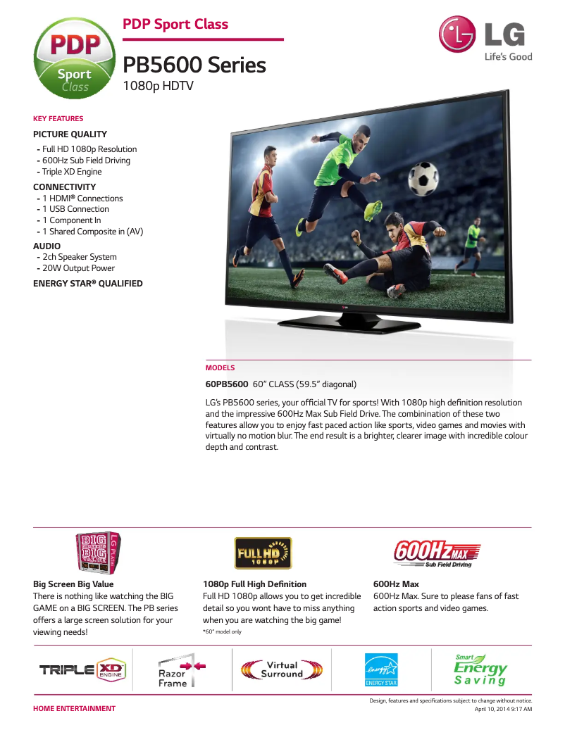 Página 1 del manual Ficha técnica LG 60PB5600