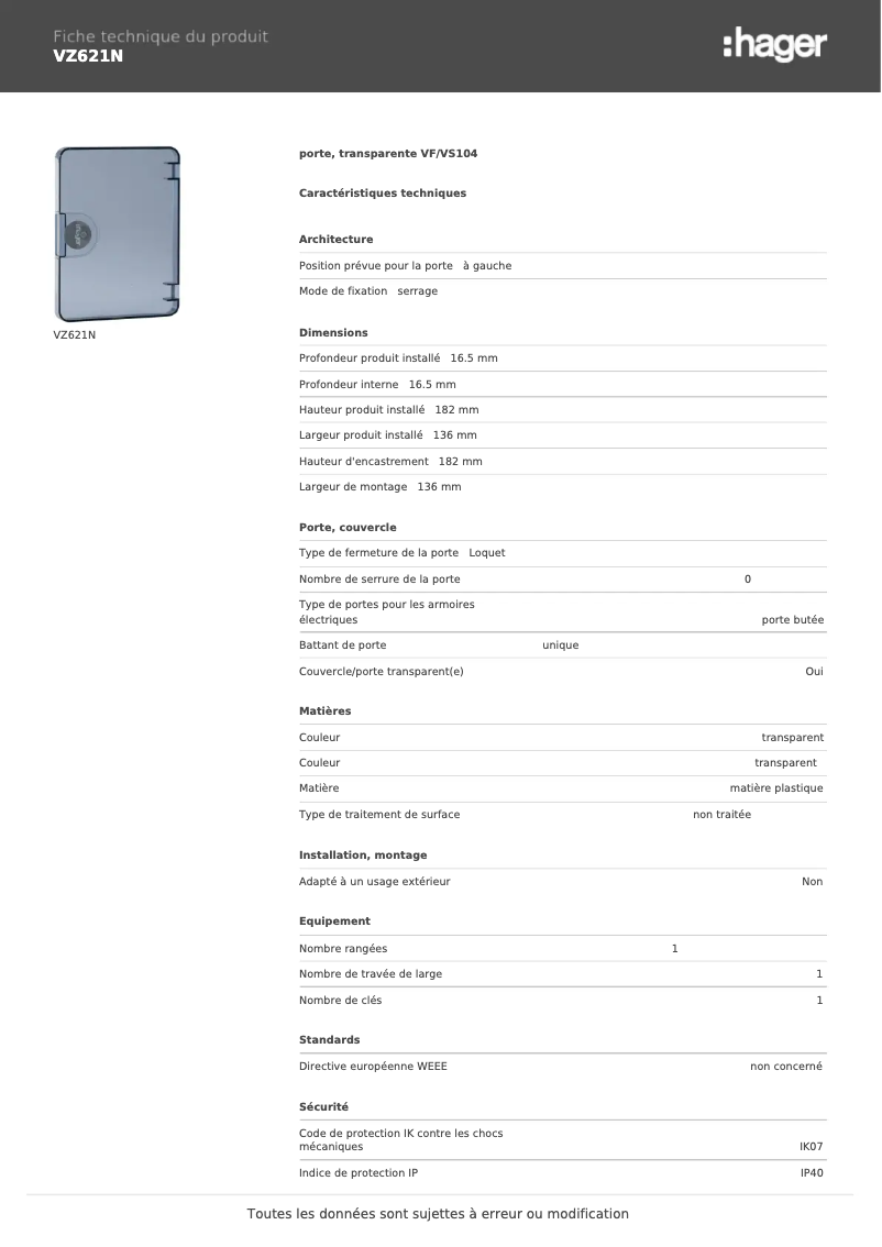 Page 1 de la notice Fiche technique Hager VZ621N