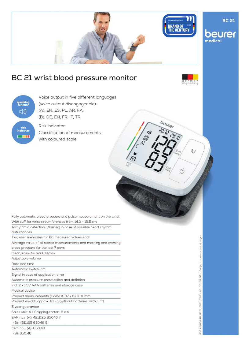 Page 1 de la notice Fiche technique Beurer BC 21