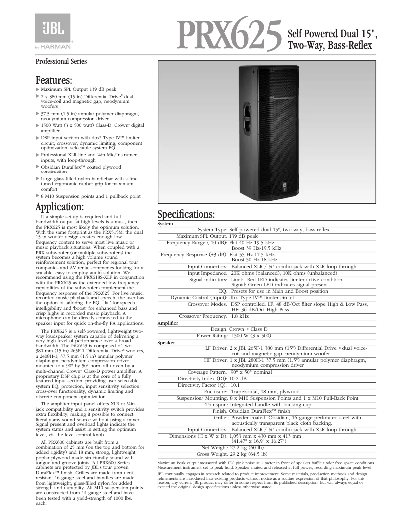 Page n°1 - Fiche technique JBL PRX625