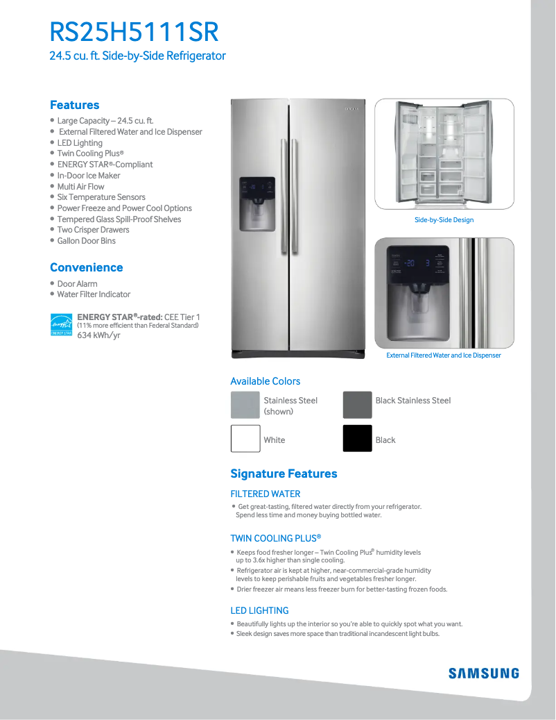 Page 1 de la notice Fiche technique Samsung RS25H5111SR