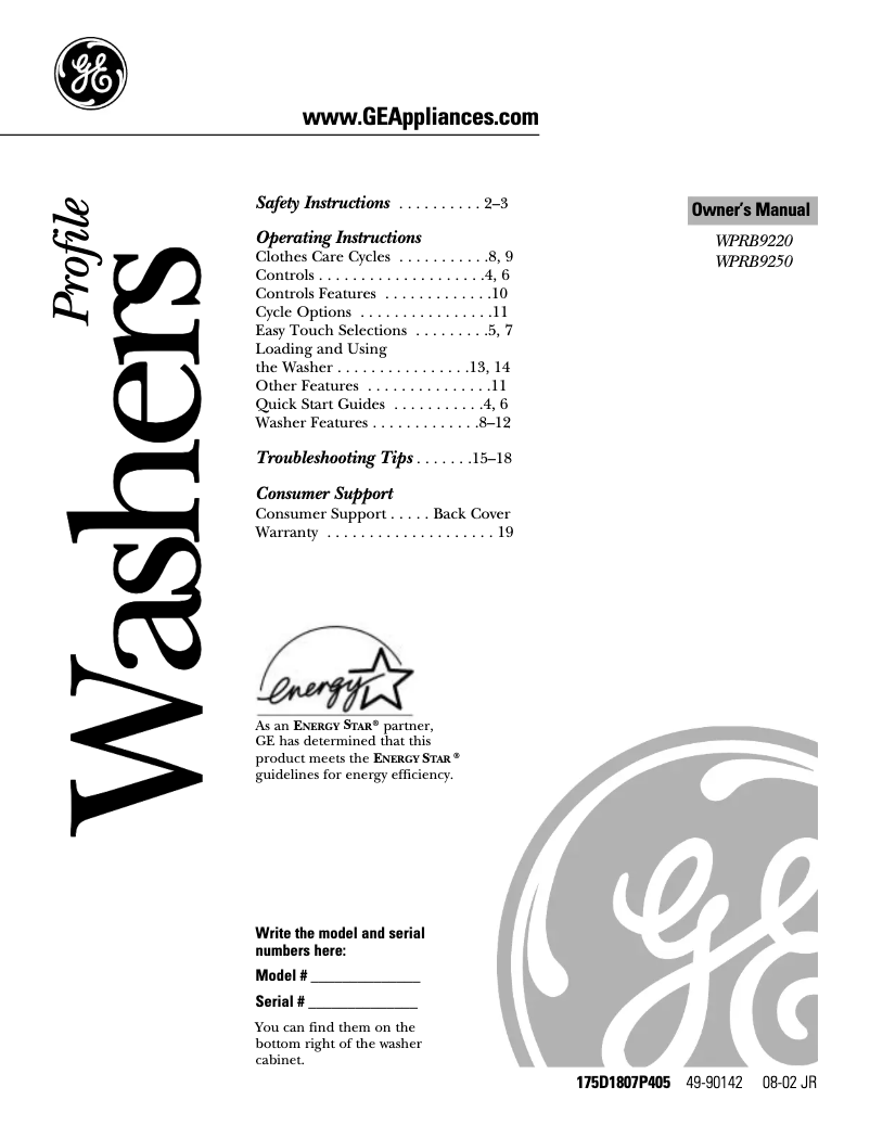 Page 1 de la notice Manuel d'utilisation et d'entretien GE Profile WPRB9250CWW