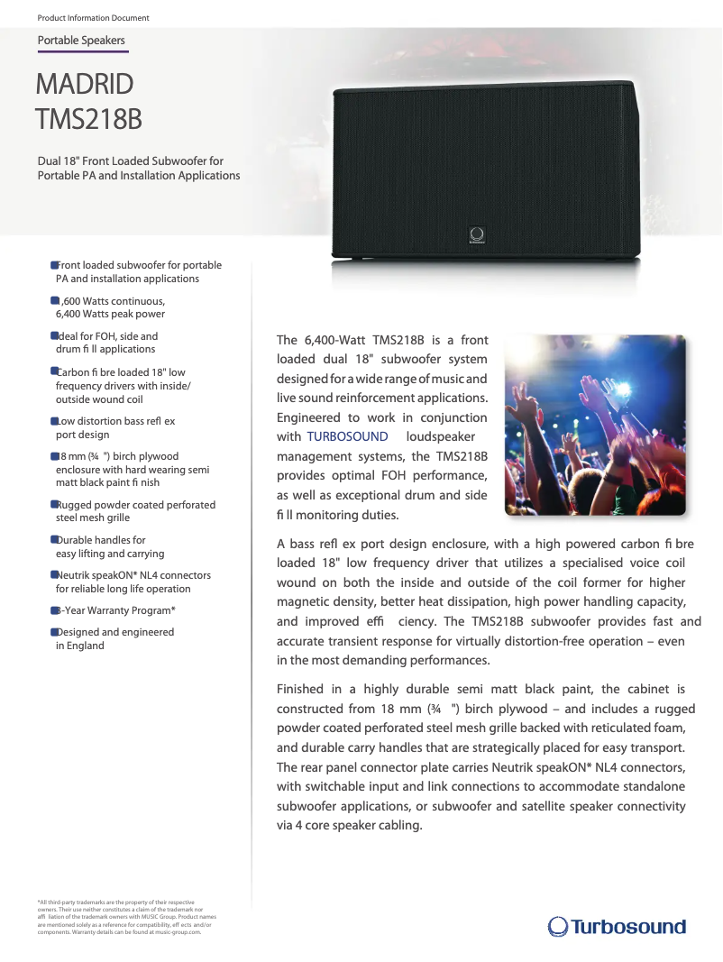 Page n°1 - Fiche technique Turbosound Madrid TMS218B