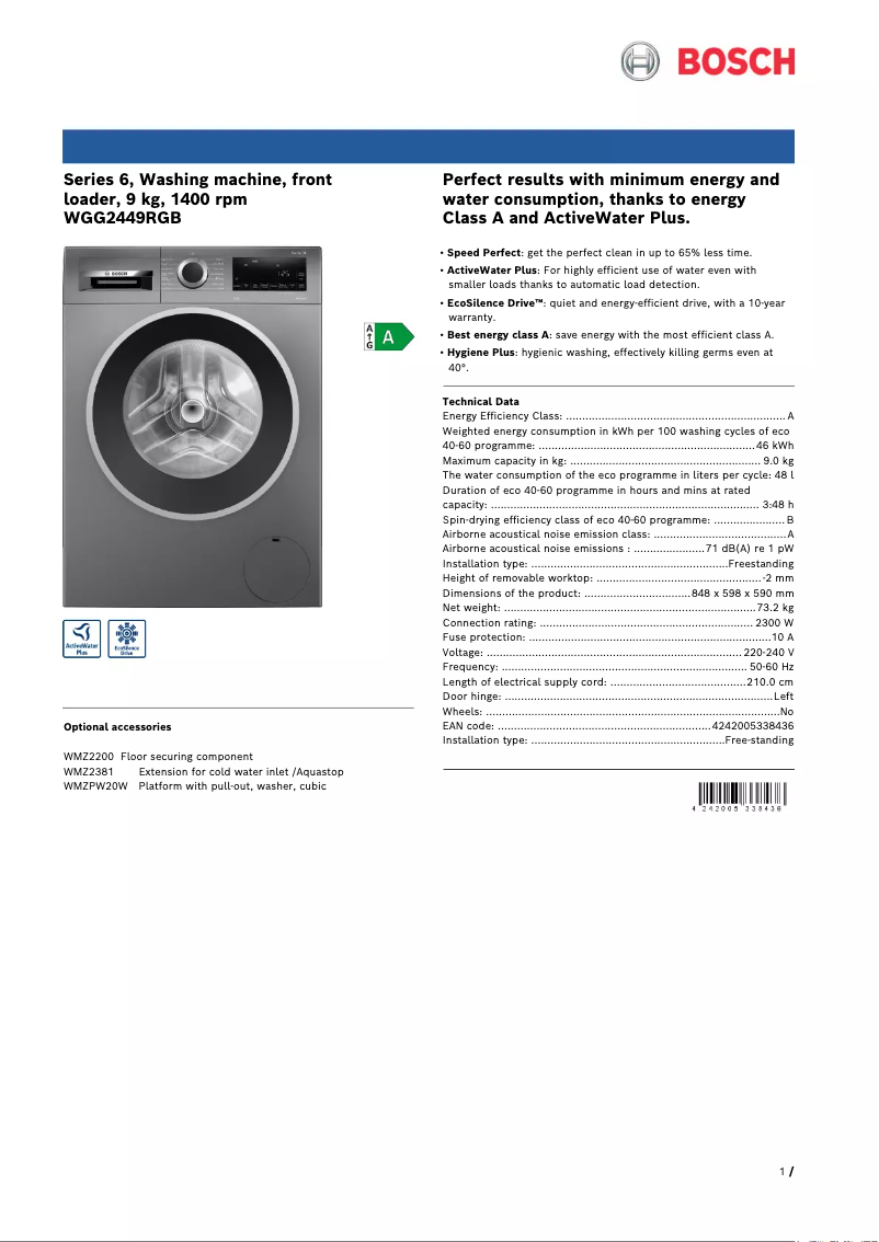 Página 1 del manual Ficha técnica Bosch WGG2449RGB