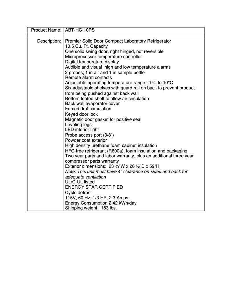 Page 1 de la notice Fiche technique American BioTech Supply ABT-HC-10PS