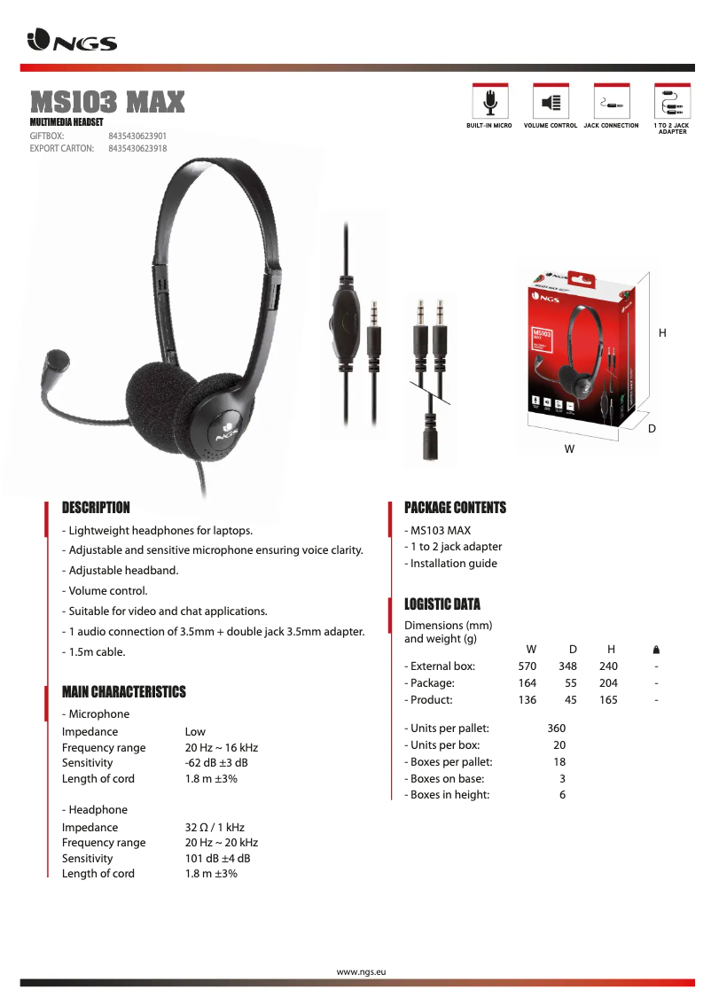 Page 1 de la notice Fiche technique NGS MS103 MAX
