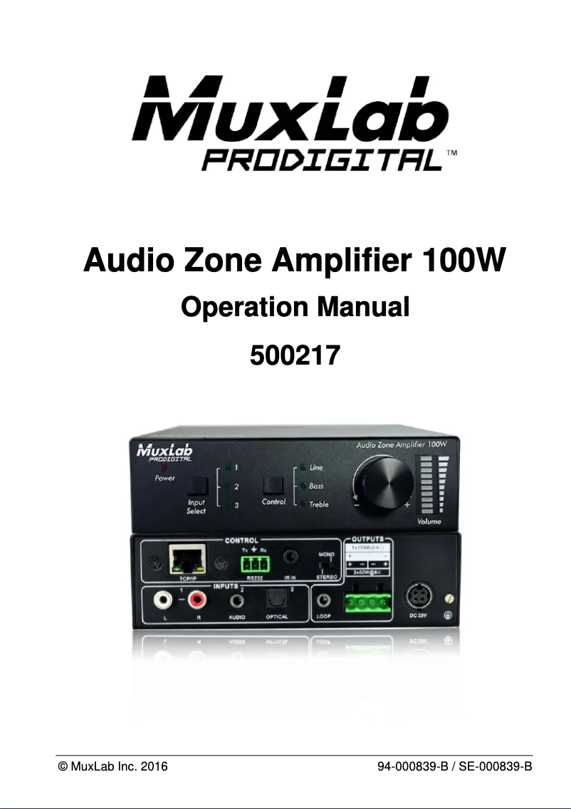 Page 1 de la notice Manuel utilisateur MuxLab Audio Zone Amplifier 100W