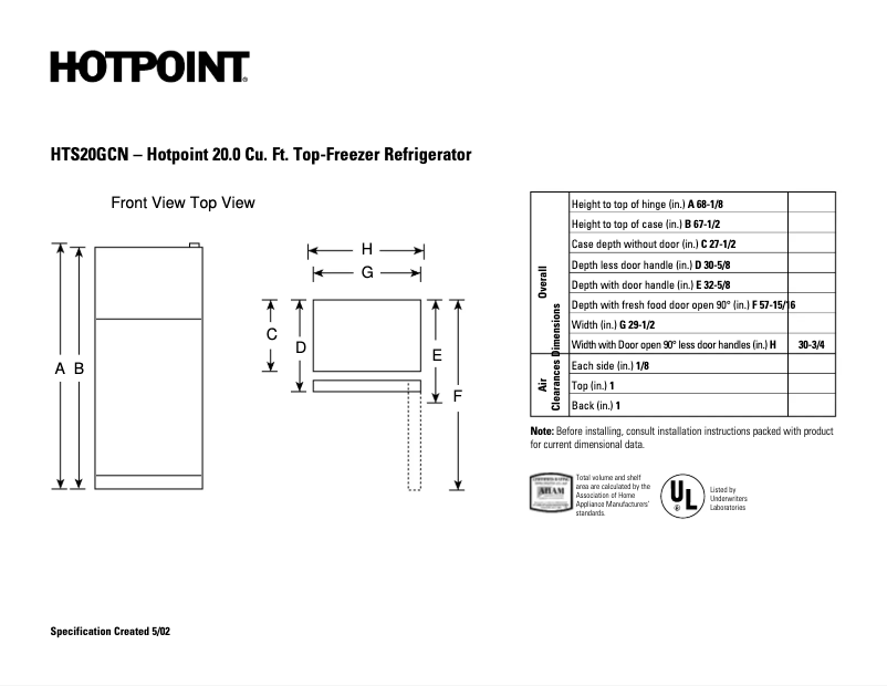 Page 1 de la notice Fiche technique Hotpoint HTS20GCNCC