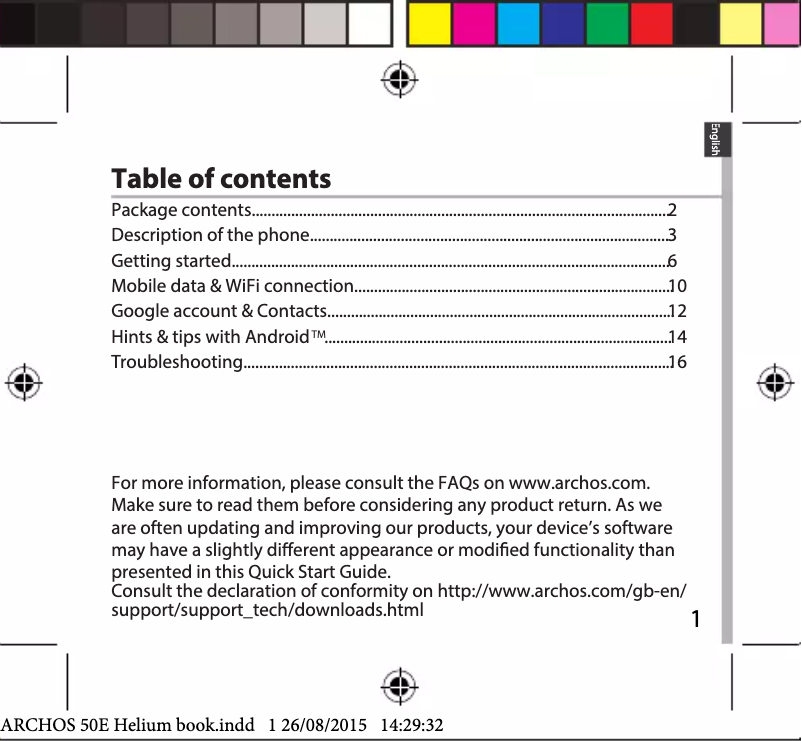 Page 1 de la notice Manuel utilisateur Archos 50e Helium