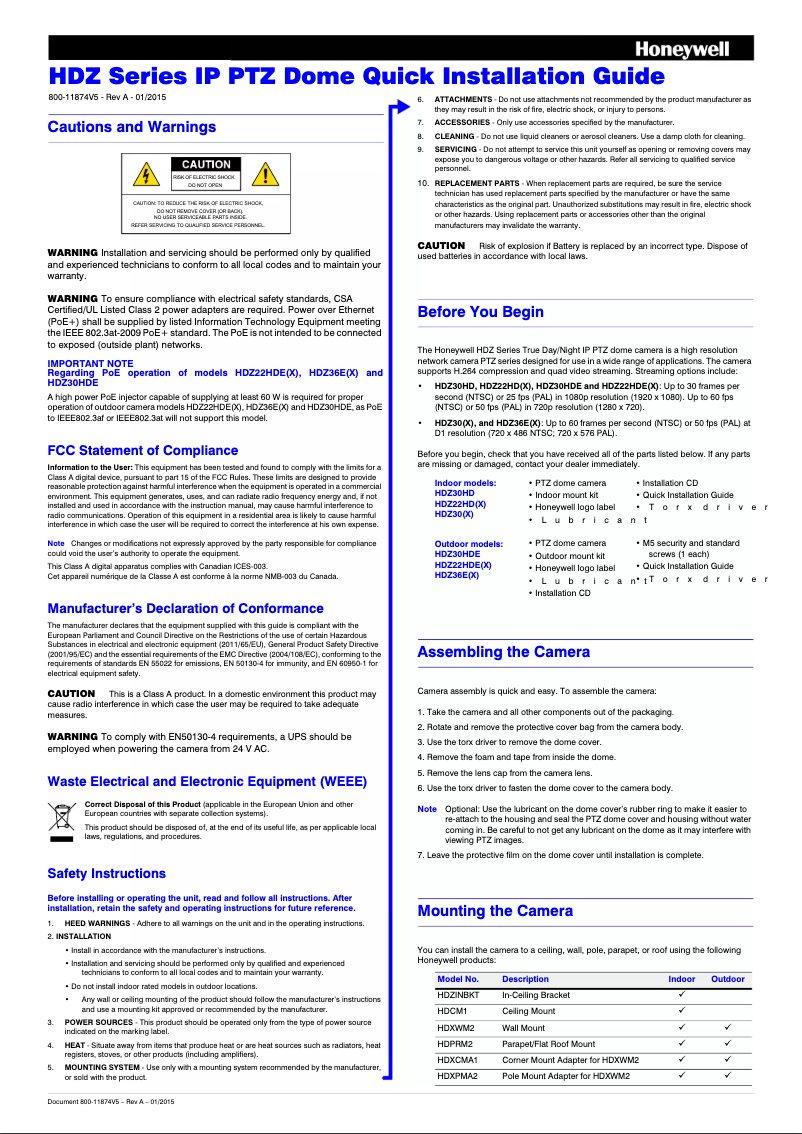 Page n°1 - Manuel utilisateur Honeywell HDZ22HD