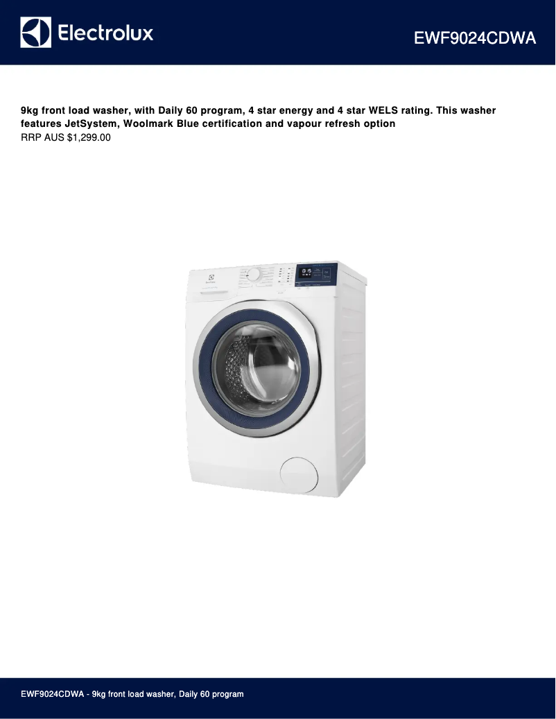 Page 1 de la notice Fiche technique Electrolux EWF9024CDWA