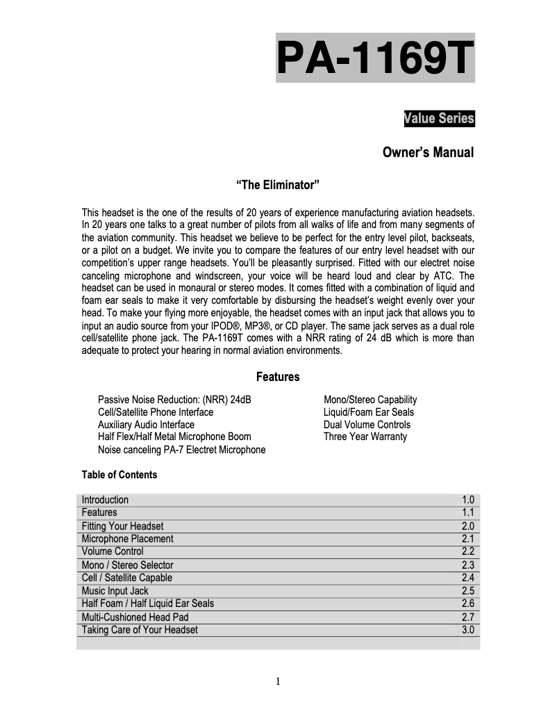 Page 1 de la notice Manuel utilisateur Pilot PA-1169T