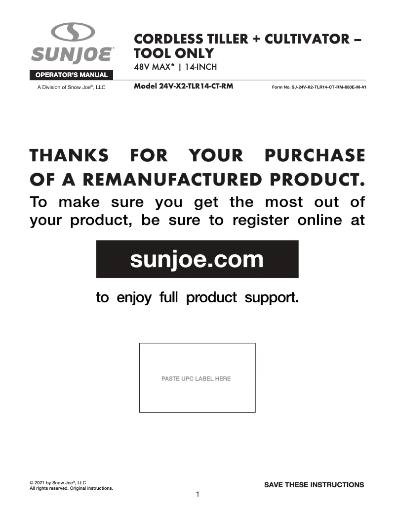 Page n°1 - Manuel utilisateur Sun Joe 24V-X2-TLR14-CT-RM