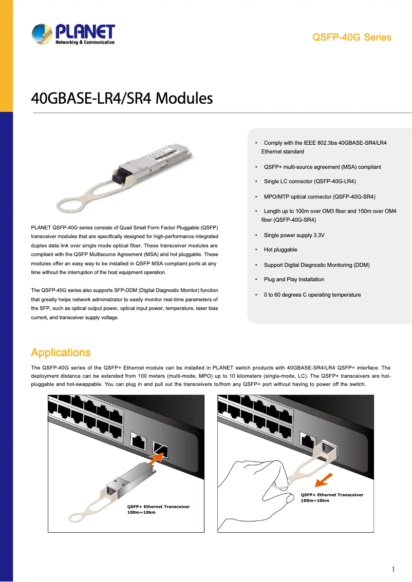 Page 1 de la notice Fiche technique Planet QSFP-40G-SR4