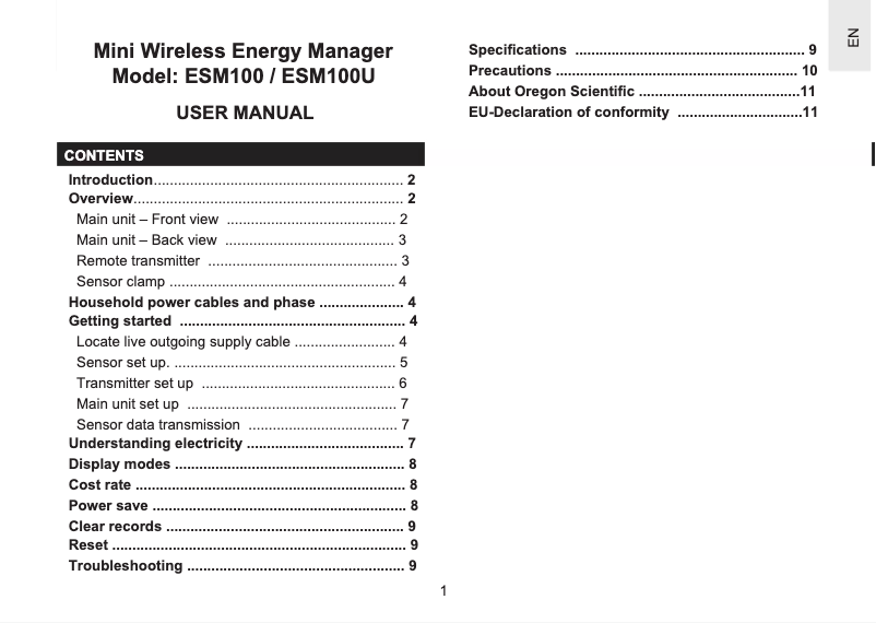 Page 1 de la notice Manuel utilisateur Oregon Scientific ESM100