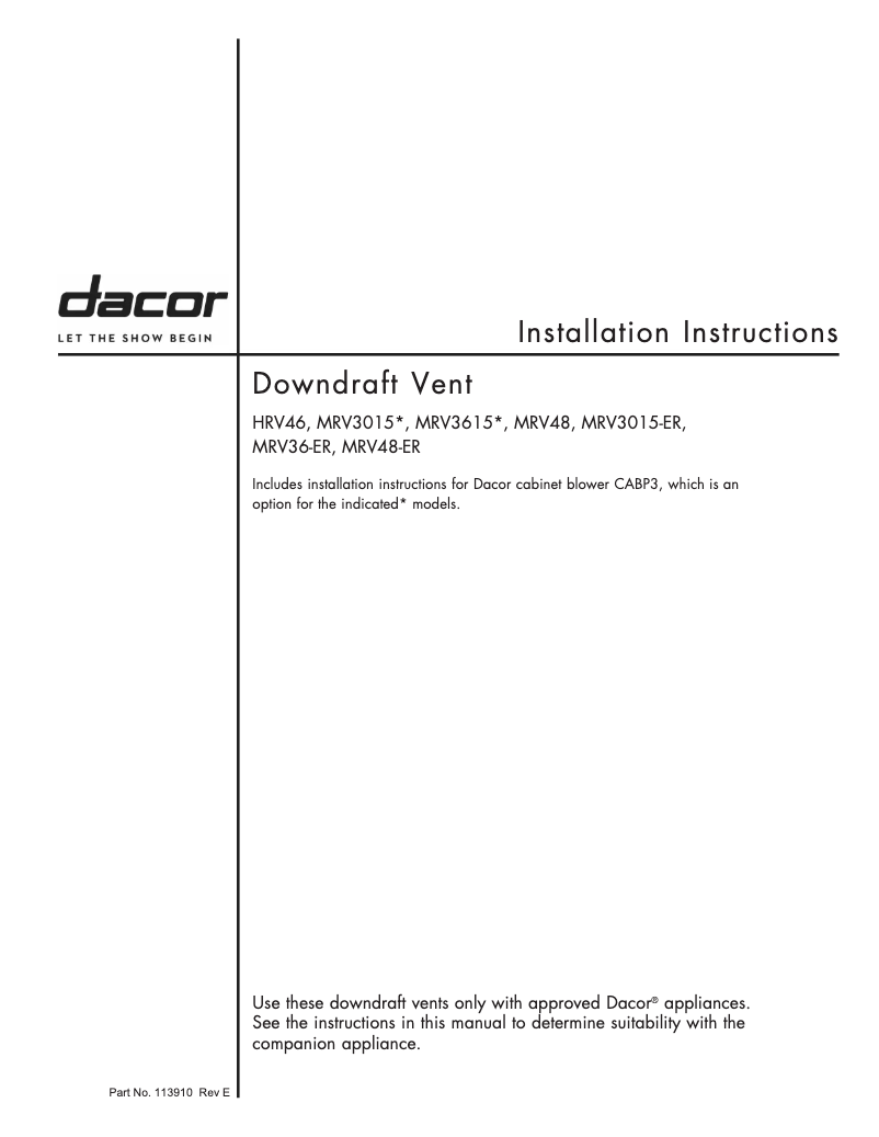 Page 1 de la notice Guide d'installation Dacor MRV48ERS