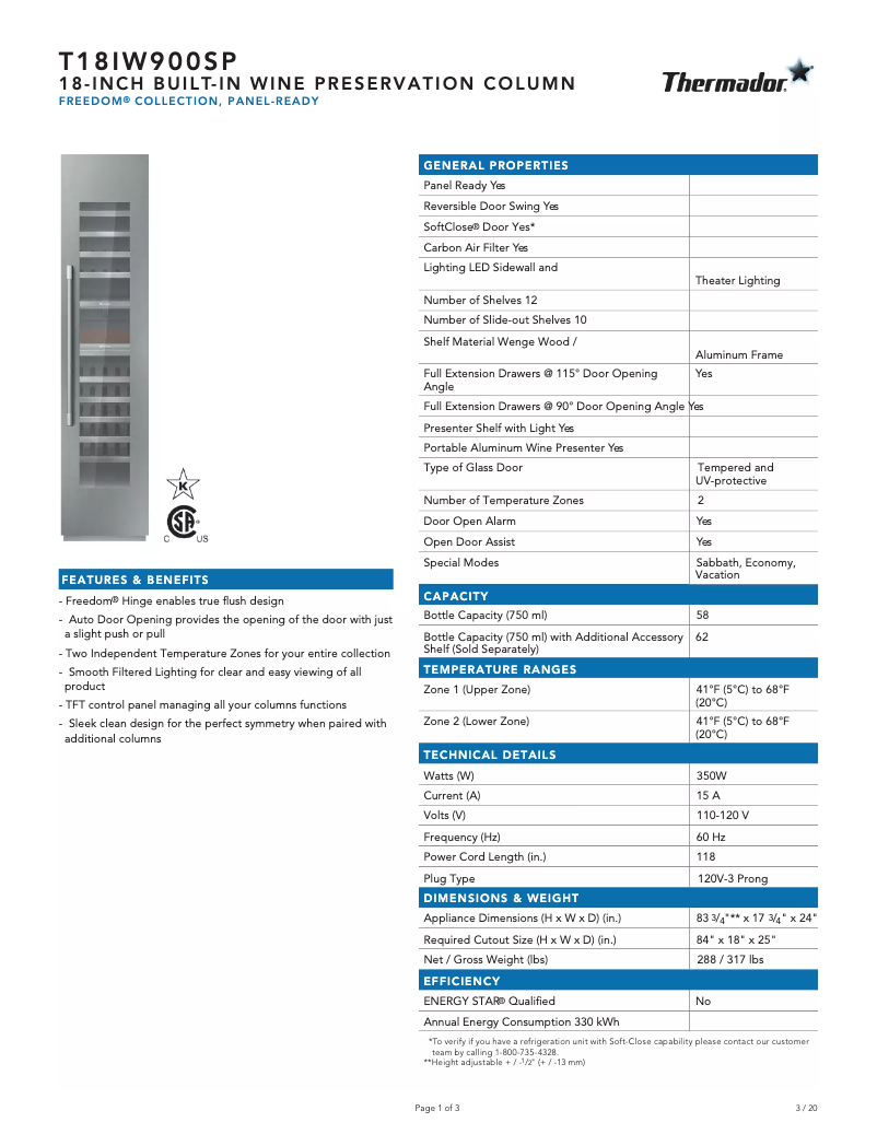 Page 1 de la notice Fiche technique Thermador T18IW900SP