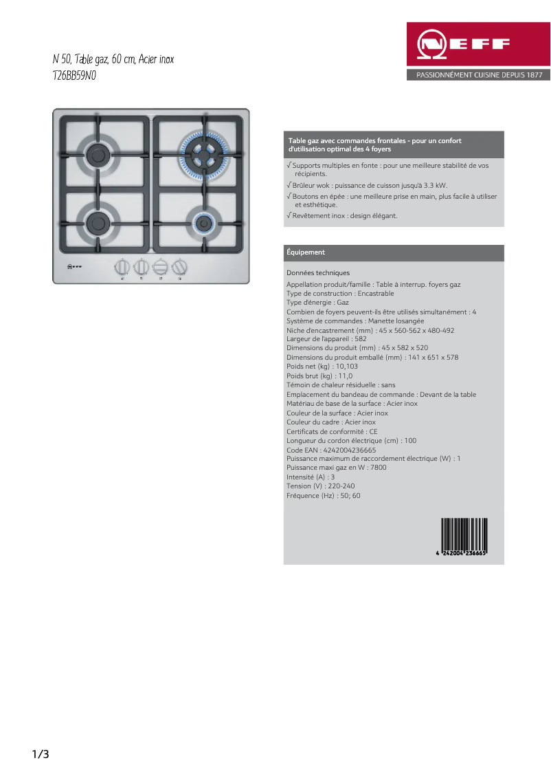 Page n°1 - Fiche technique Neff T26BB59N0