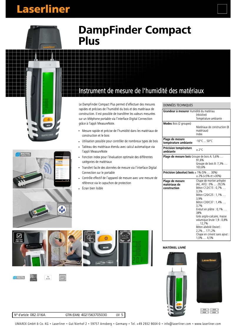Page 1 de la notice Fiche technique Laserliner DampFinder Compact Plus