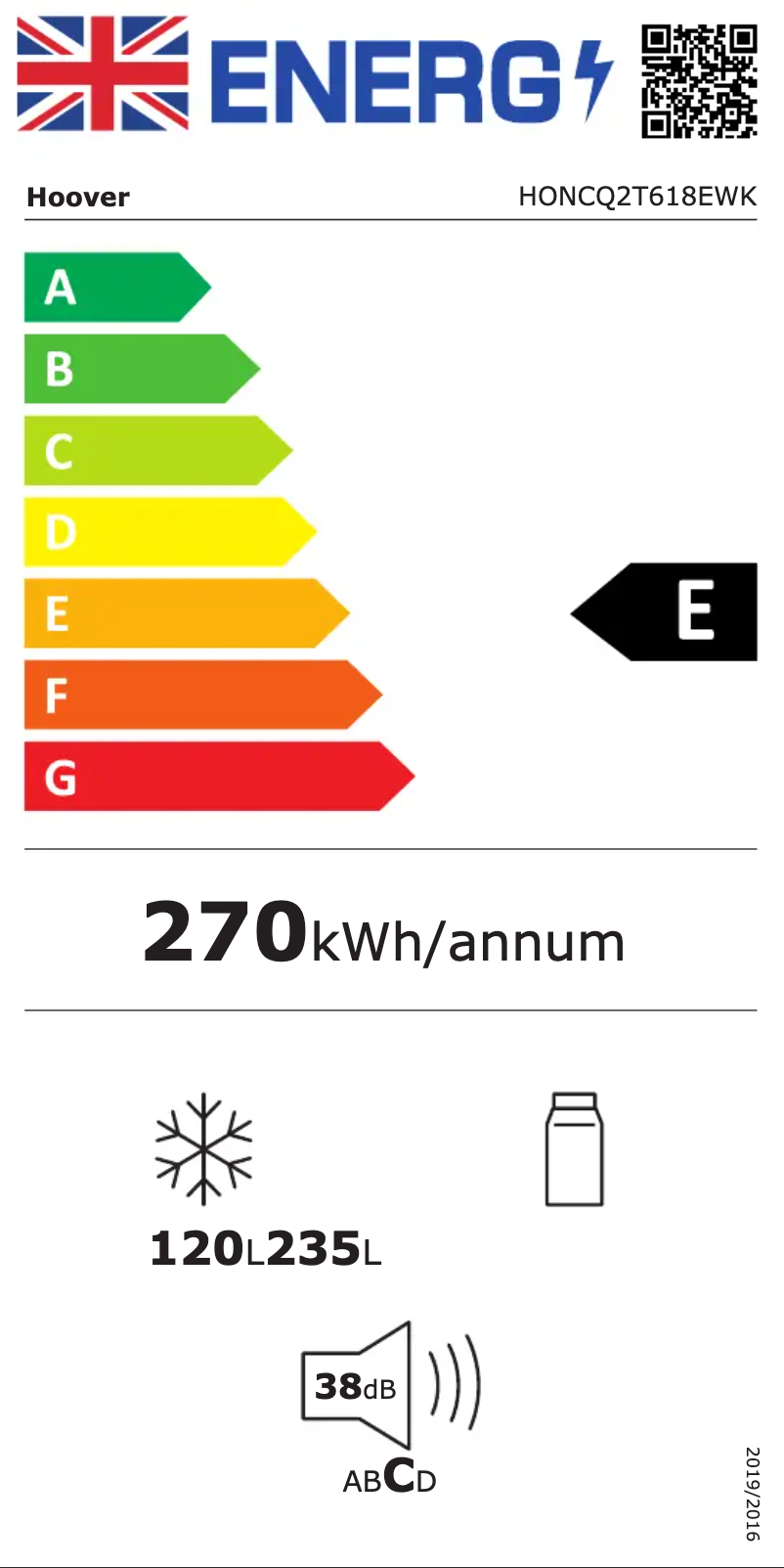 Page n°1 - Label énergétique Hoover HONCQ2T618EWK