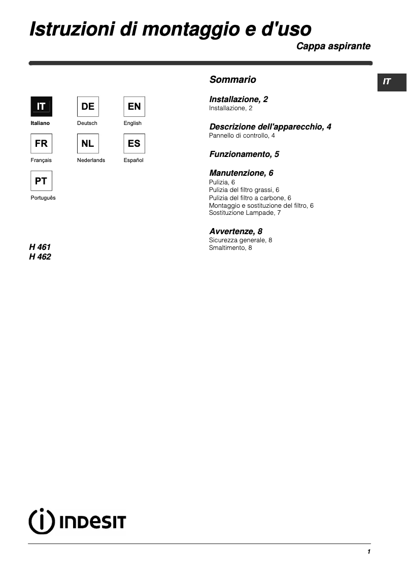 Page n°1 - Manuel utilisateur Indesit H 461