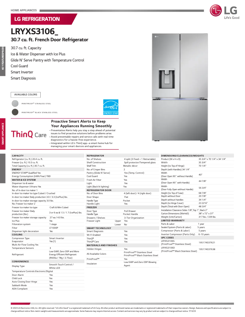 Page 1 de la notice Fiche technique LG LRYXS3106D