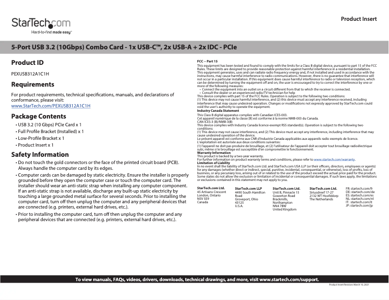 Page 1 de la notice Manuel utilisateur StarTech.com PEXUSB312A1C1H