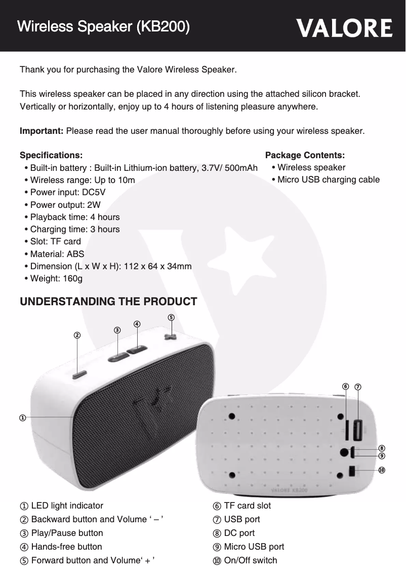 Page 1 de la notice Manuel utilisateur Valore KB200