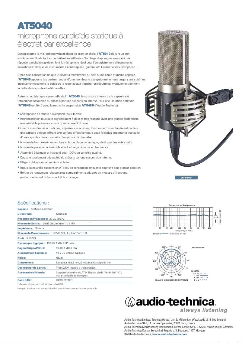 Page n°1 - Fiche technique Audio-Technica AT5040