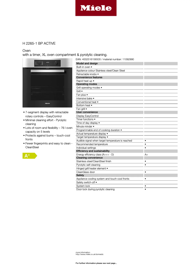 Page n°1 - Fiche technique Miele H 2265-1 BP Active